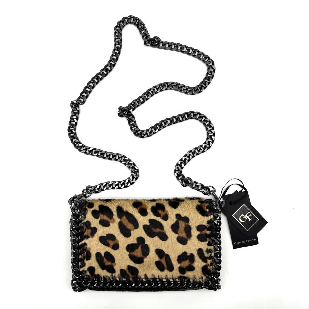 NEW Germán Fuentes Black Italian Leather Leopard Calf Hair Crossbody Chain Purse